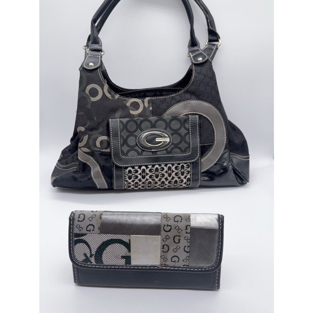 Vintage Black Y2K monogram hobo shoulder bag with matching wallet set
